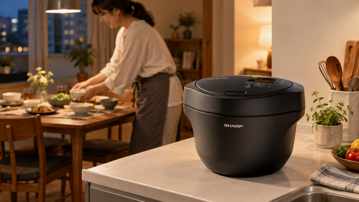 夕食の食器を並べるそばで、キッチンに置いたヘルシオ ホットクックKN-HW24Kを使う暮らしの使用イメージ