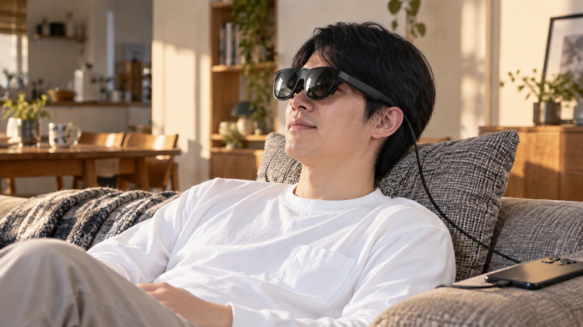 対応機器につないだXREAL One Proを装着し、ソファでくつろぎながら映画を見る使用イメージ